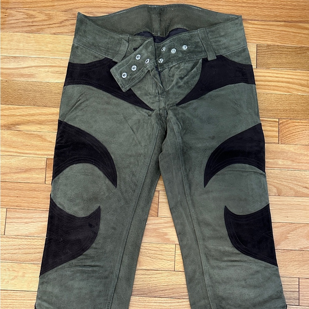 Vintage geniune suede leather green brown pants low rise sz 0-2